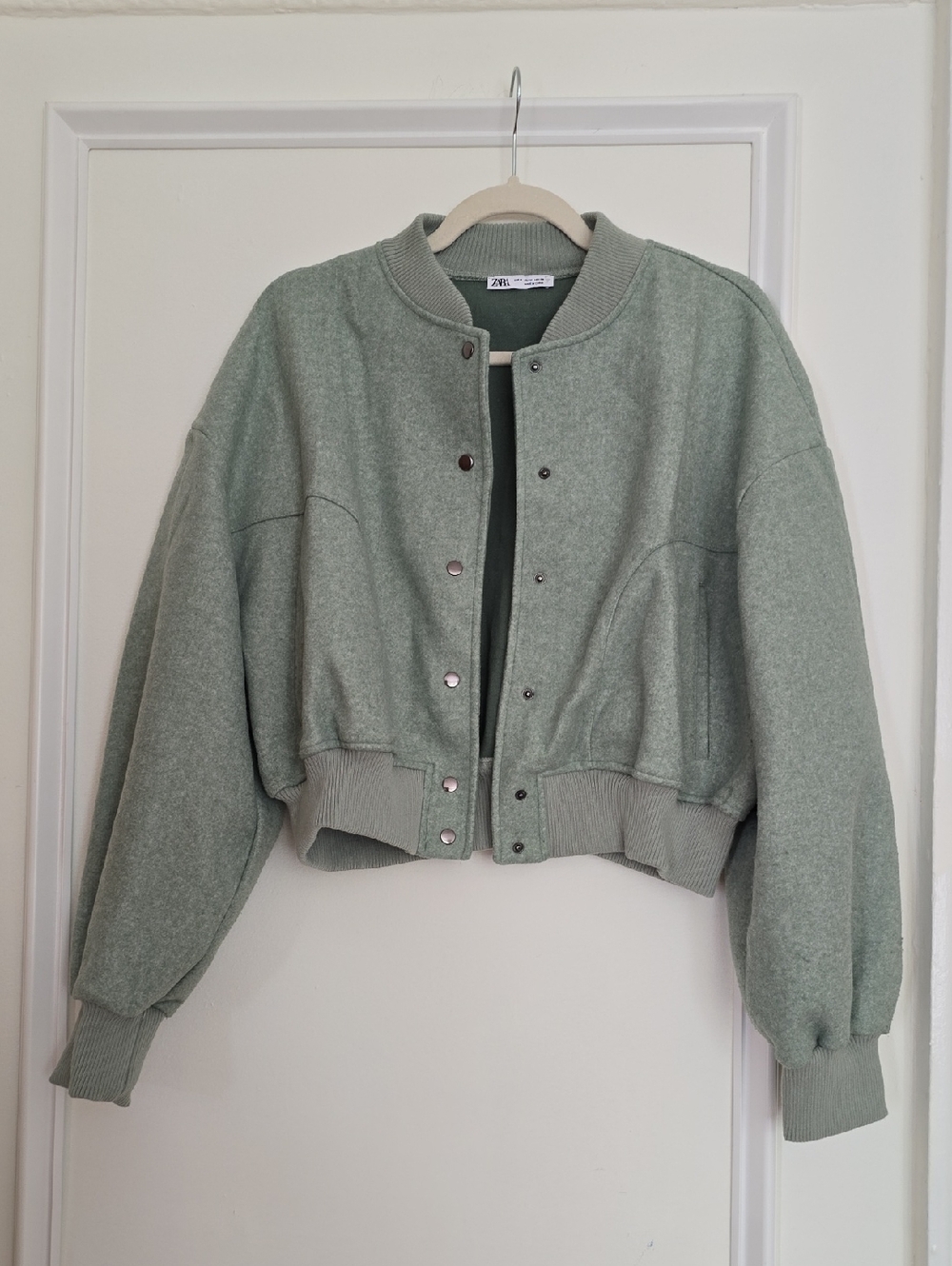 Zara Mint Green Cropped Wool-Blend Bomber Jacket